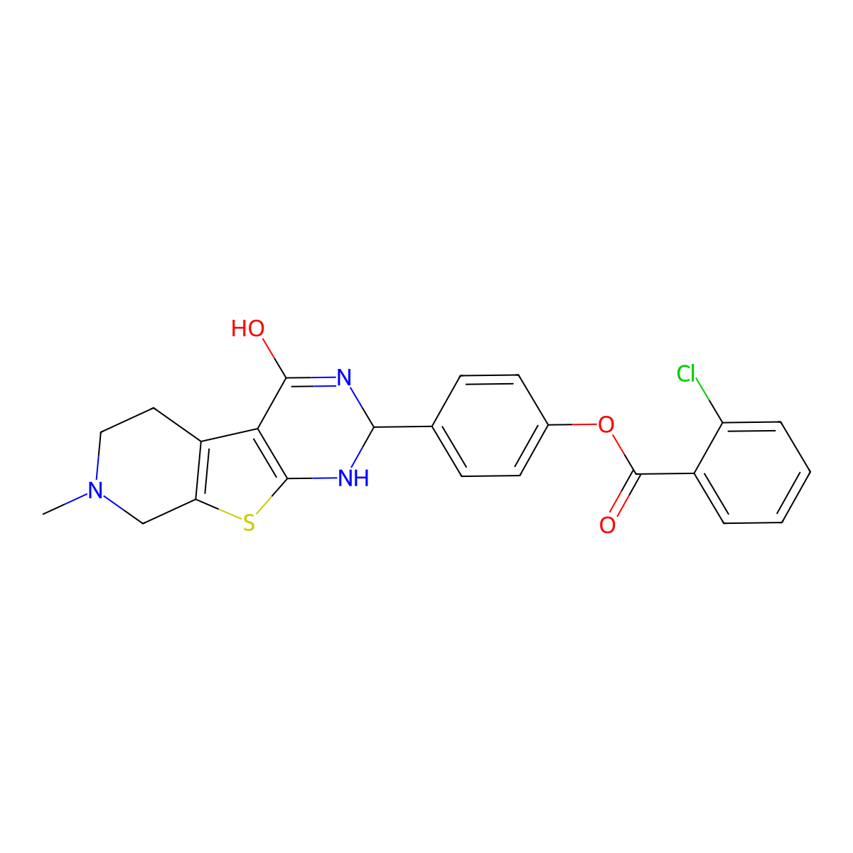 4-(7-Methyl-4-oxo-1,2,3,4,5,6,7,8-octahydropyrido[4',3':4,5]thieno[2,3-d]pyrimidin-2-yl)phenyl 2-chlorobenzoate molecular structure, CAS 353462-97-2