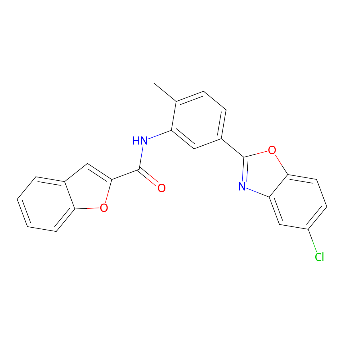 N-[5-(5-chloro-1,3-benzoxazol-2-yl)-2-methylphenyl]-1-benzofuran-2-carboxamide molecular structure, CAS 353463-67-9