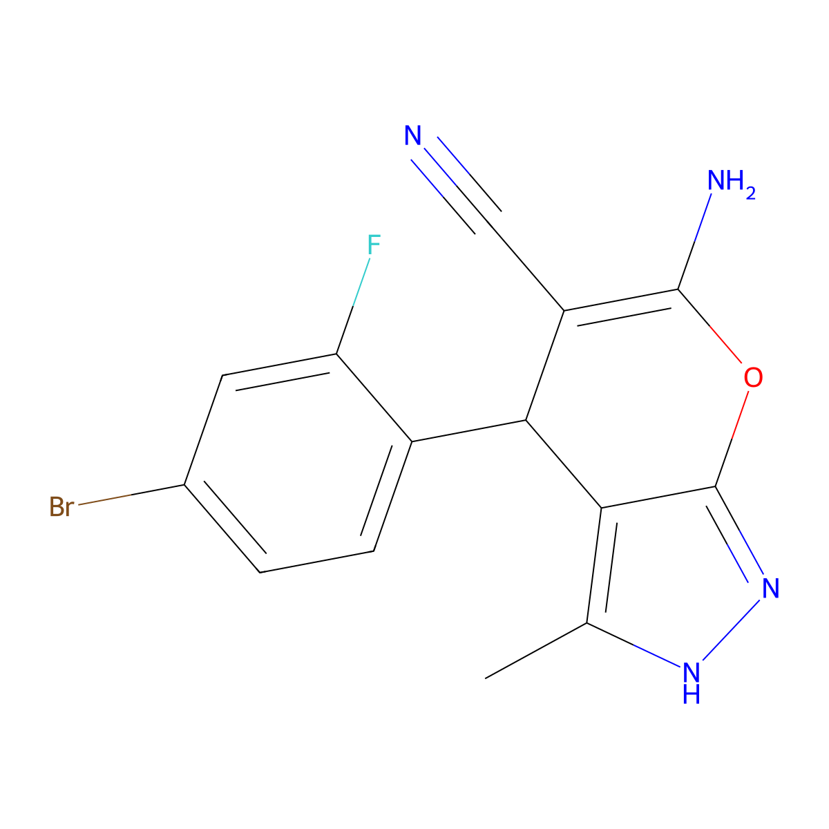 6-Amino-4-(4-bromo-2-fluorophenyl)-3-methyl-2,4-dihydropyrano[2,3-c]pyrazole-5-carbonitrile molecular structure, CAS 353463-73-7