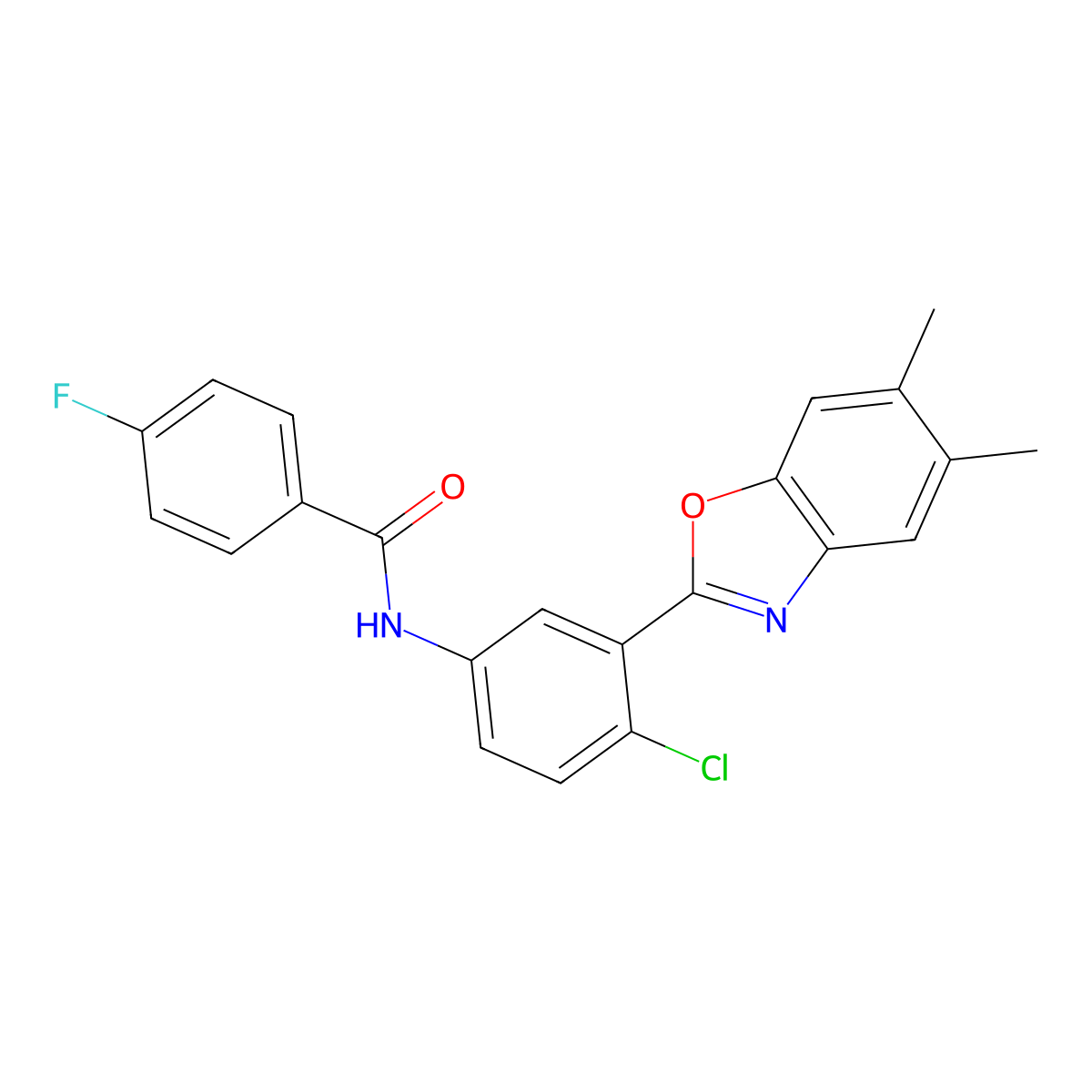 N-[4-chloro-3-(5,6-dimethyl-1,3-benzoxazol-2-yl)phenyl]-4-fluorobenzamide molecular structure, CAS 353463-74-8