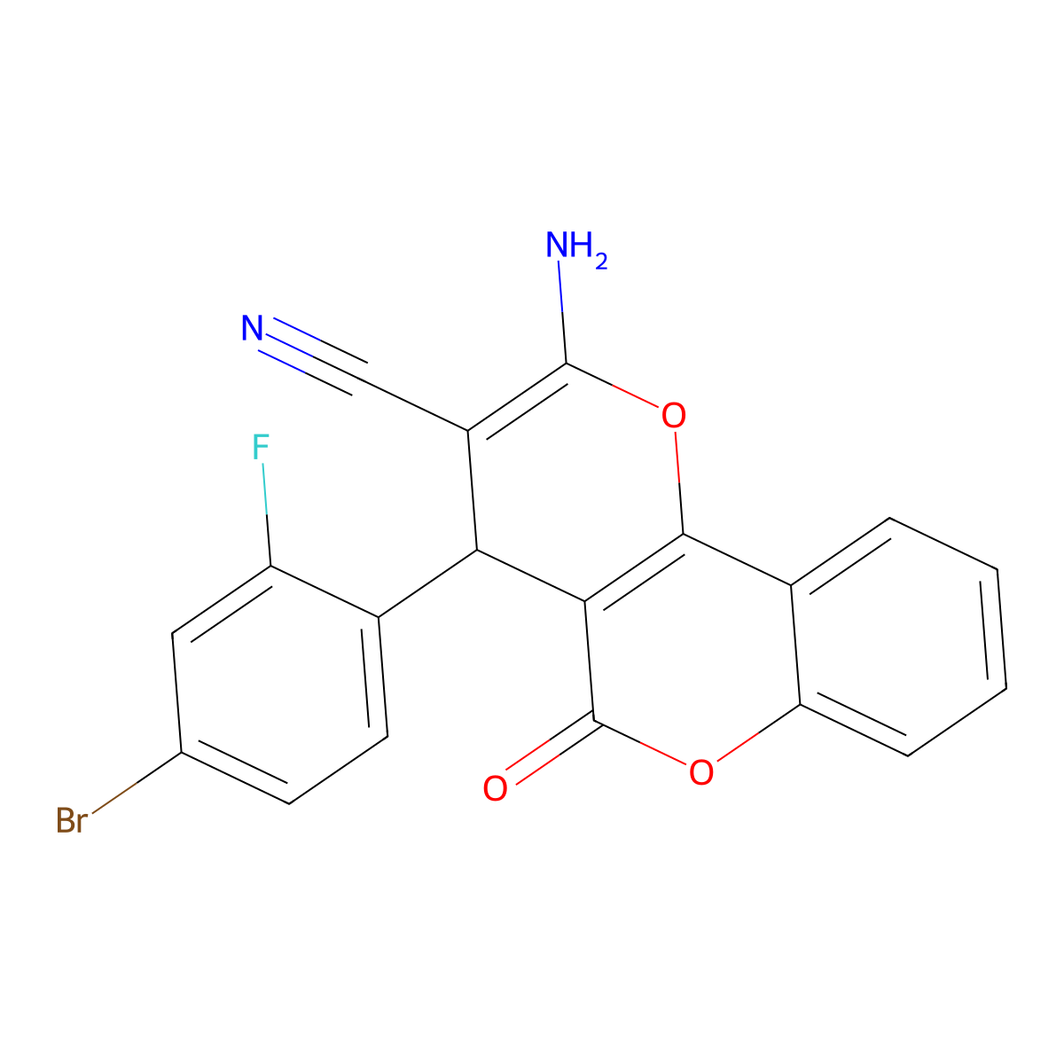 2-amino-4-(4-bromo-2-fluorophenyl)-5-oxo-4H-pyrano[3,2-c]chromene-3-carbonitrile molecular structure, CAS 353463-76-0