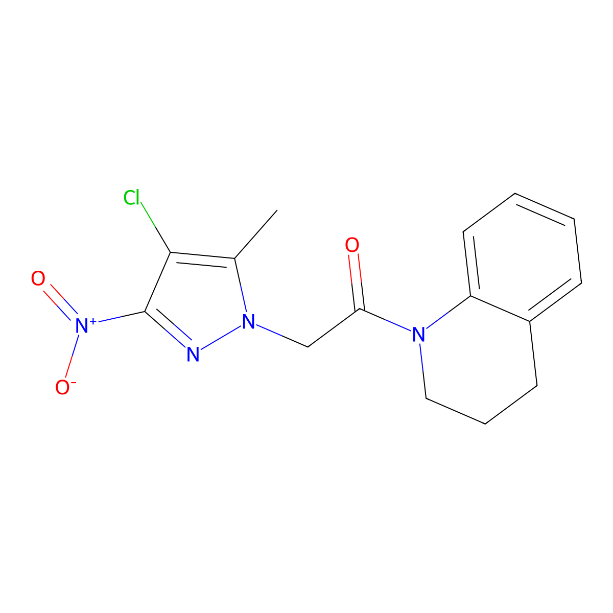 2-(4-chloro-5-methyl-3-nitropyrazol-1-yl)-1-(3,4-dihydro-2H-quinolin-1-yl)ethanone molecular structure, CAS 353463-83-9
