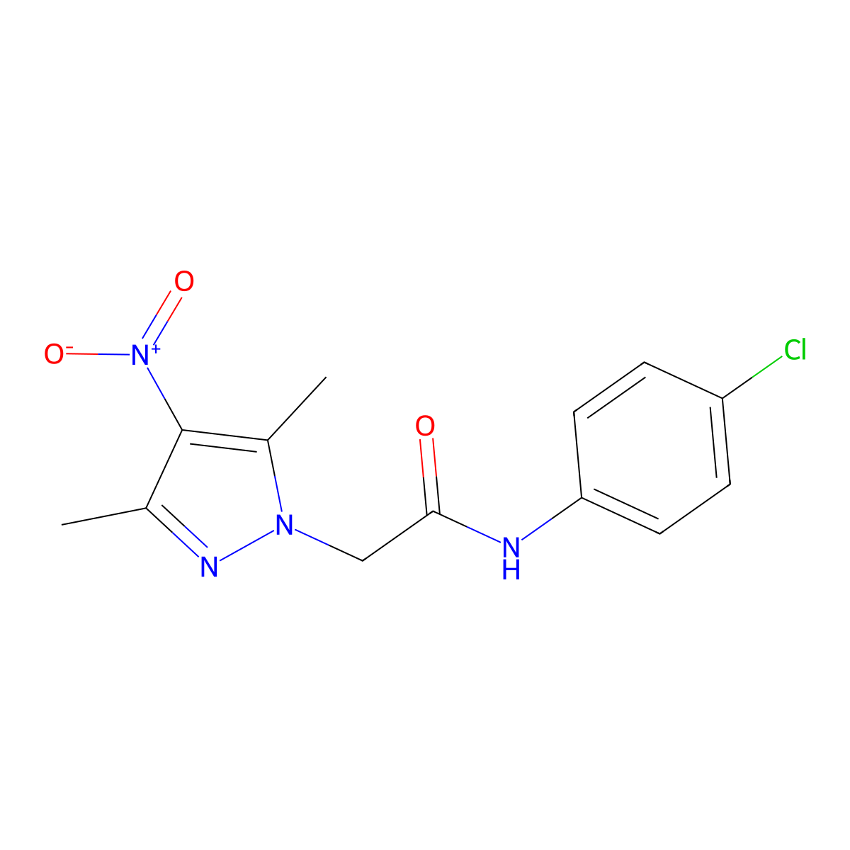 N-(4-chlorophenyl)-2-(3,5-dimethyl-4-nitropyrazol-1-yl)acetamide molecular structure, CAS 353463-94-2