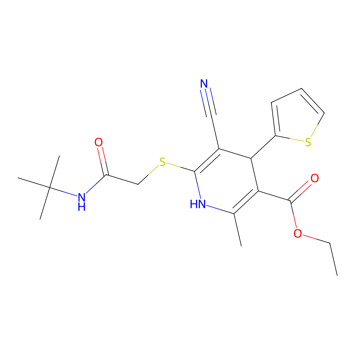 Ethyl 6-((2-(tert-butylamino)-2-oxoethyl)thio)-5-cyano-2-methyl-4-(thiophen-2-yl)-1,4-dihydropyridine-3-carboxylate molecular structure, CAS 353463-99-7