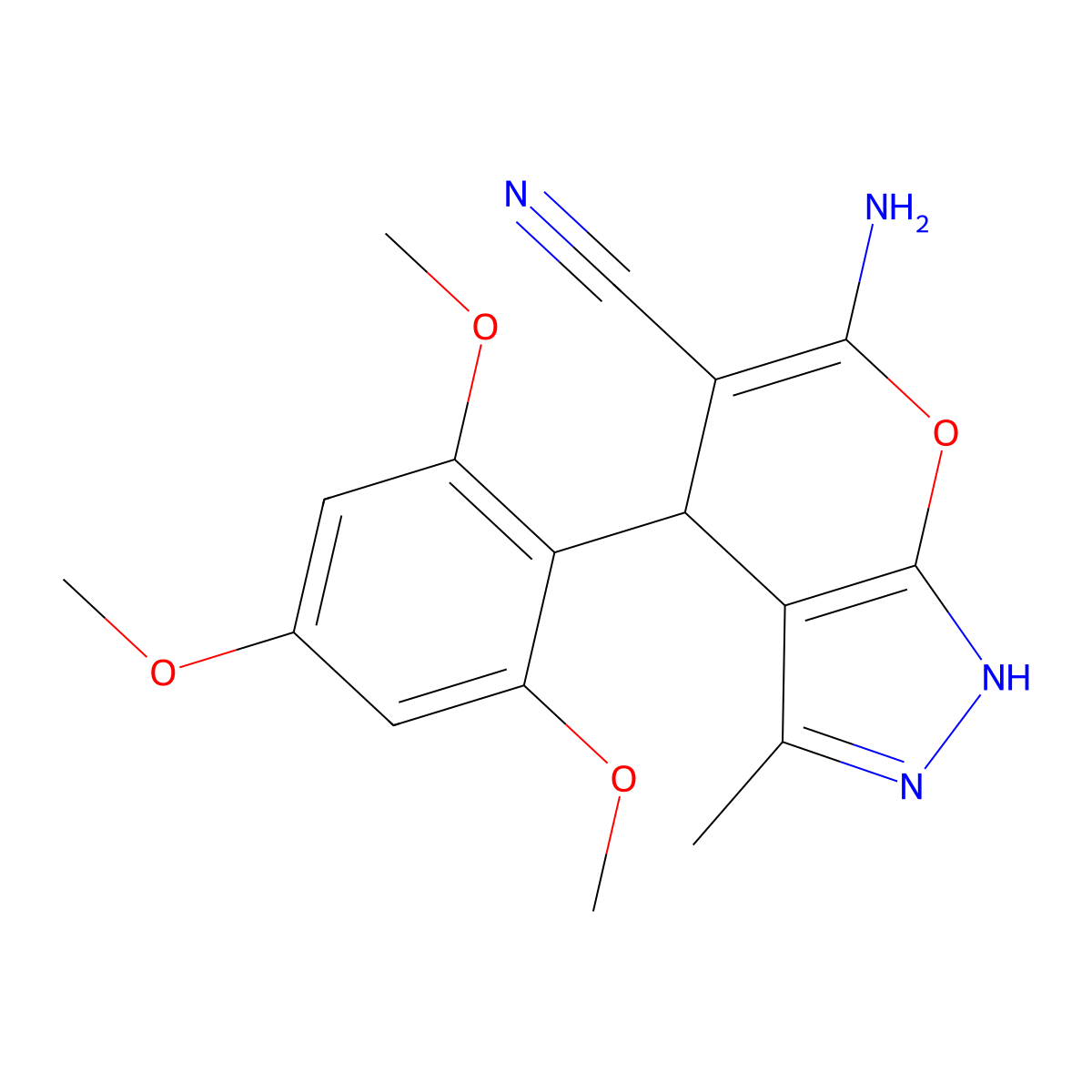 6-Amino-3-methyl-4-(2,4,6-trimethoxyphenyl)-1,4-dihydropyrano[2,3-c]pyrazole-5-carbonitrile molecular structure, CAS 353468-39-0