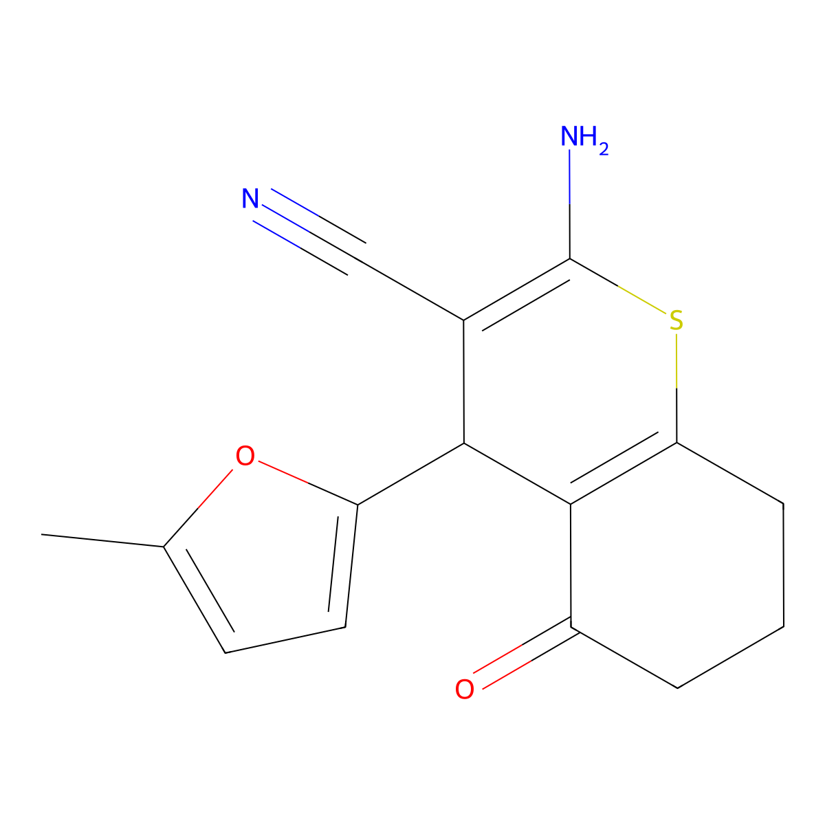 2-Amino-4-(5-methylfuran-2-yl)-5-oxo-4,6,7,8-tetrahydrothiochromene-3-carbonitrile molecular structure, CAS 353468-49-2