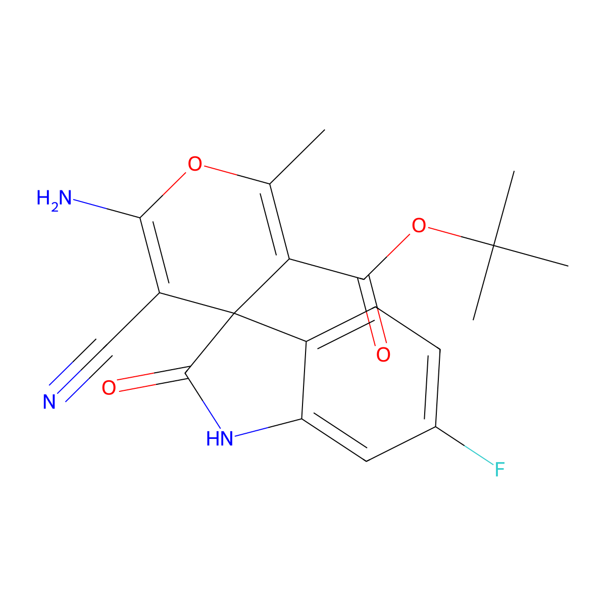 Tert-butyl 6'-amino-5'-cyano-6-fluoro-2'-methyl-2-oxo-1,2-dihydrospiro[indole-3,4'-pyran]-3'-carboxylate molecular structure, CAS 353469-12-2