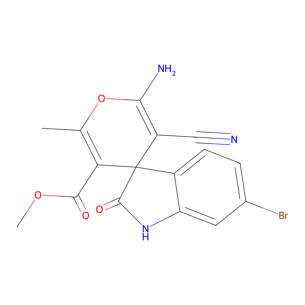 Methyl 6'-amino-6-bromo-5'-cyano-1,2-dihydro-2'-methyl-2-oxospiro(3H-indole-3,4'-(4H)pyran)-3'-carboxylate molecular structure, CAS 353469-16-6