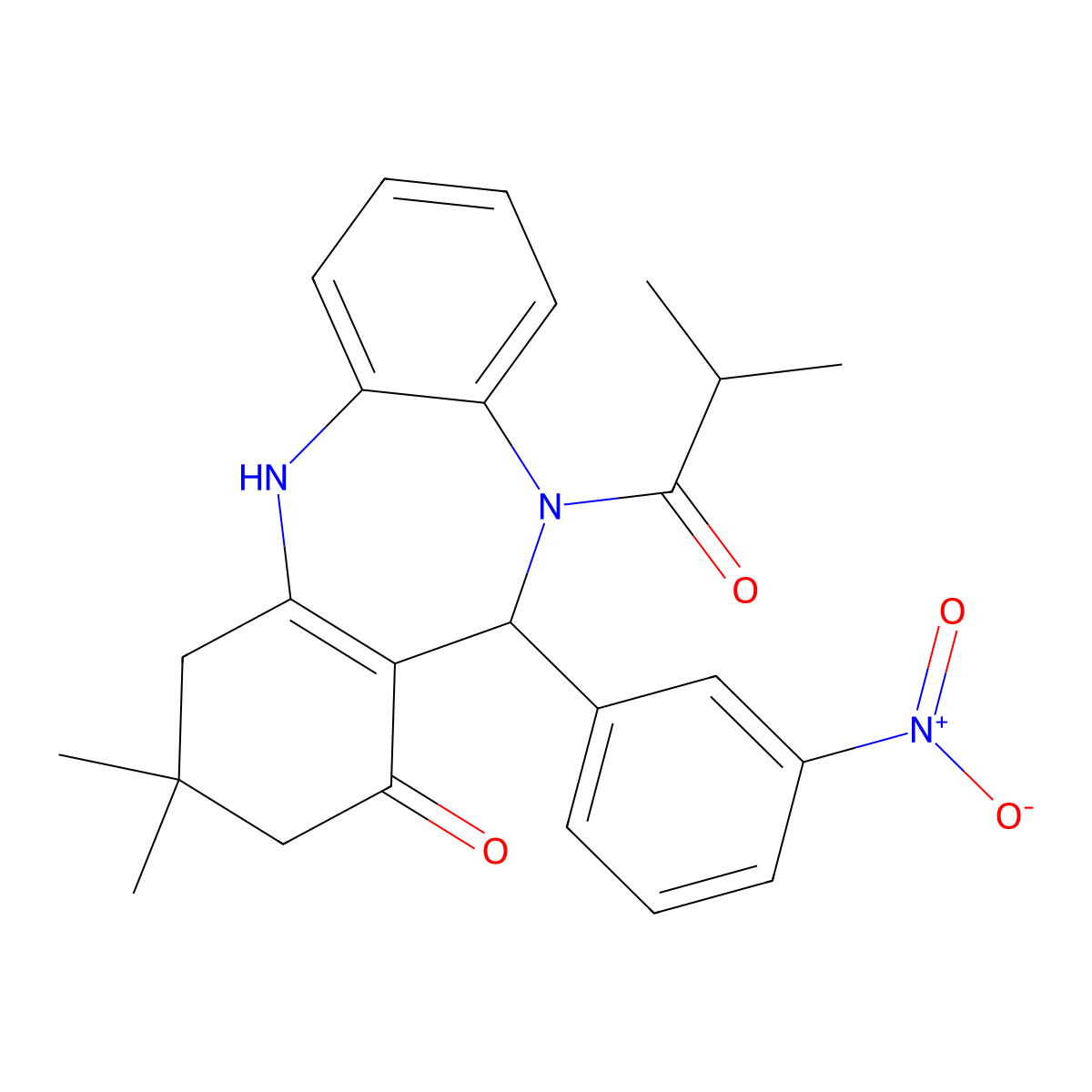 9,9-Dimethyl-5-(2-methylpropanoyl)-6-(3-nitrophenyl)-6,8,10,11-tetrahydrobenzo[b][1,4]benzodiazepin-7-one molecular structure, CAS 353469-52-0