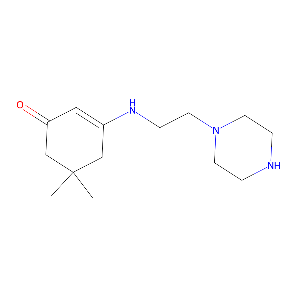 5,5-Dimethyl-3-(2-piperazin-1-yl-ethylamino)-cyclohex-2-enone molecular structure, CAS 353470-05-0