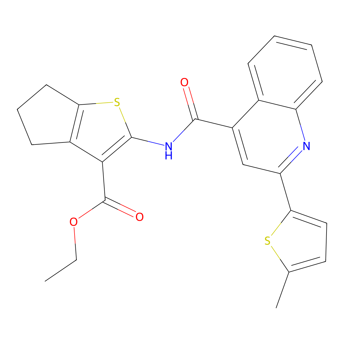 ethyl 2-[[2-(5-methylthiophen-2-yl)quinoline-4-carbonyl]amino]-5,6-dihydro-4H-cyclopenta[b]thiophene-3-carboxylate molecular structure, CAS 353470-34-5