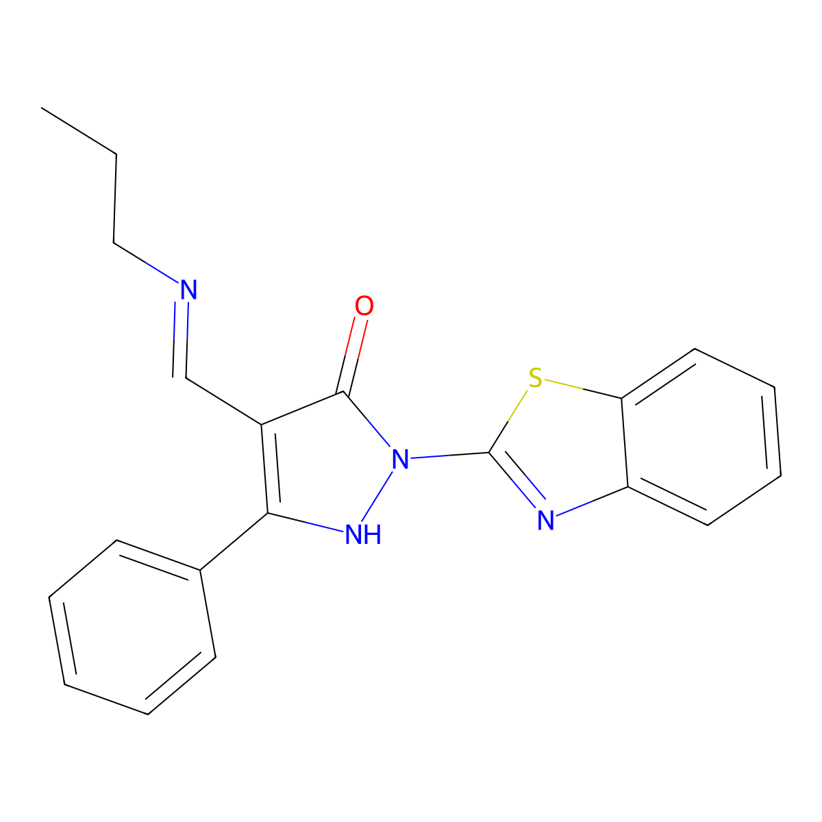 2-(1,3-benzothiazol-2-yl)-5-phenyl-4-[(propylimino)methyl]-1,2-dihydro-3H-pyrazol-3-one molecular structure, CAS 353470-49-2
