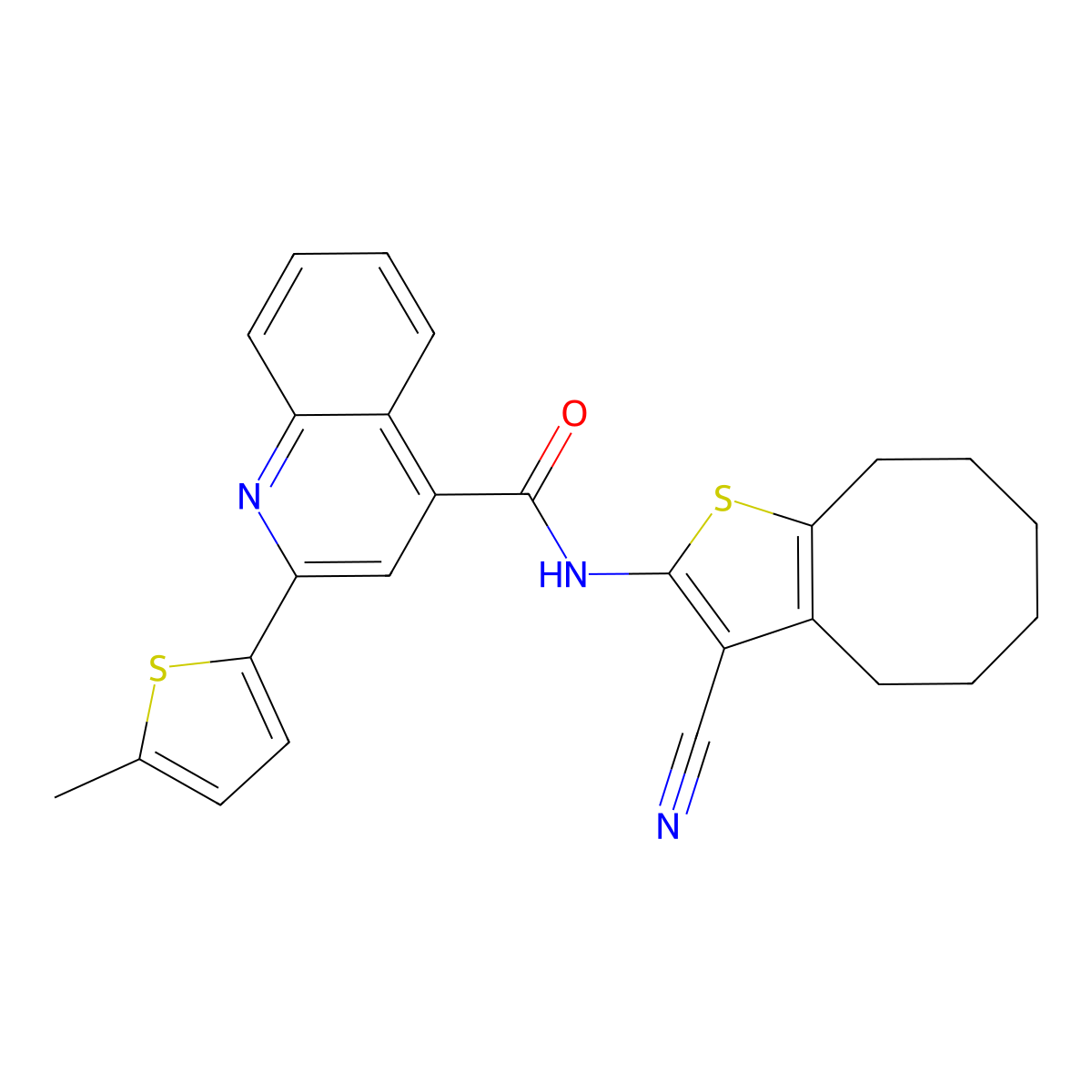 N-(3-cyano-4,5,6,7,8,9-hexahydrocycloocta[b]thiophen-2-yl)-2-(5-methylthiophen-2-yl)quinoline-4-carboxamide molecular structure, CAS 353470-68-5