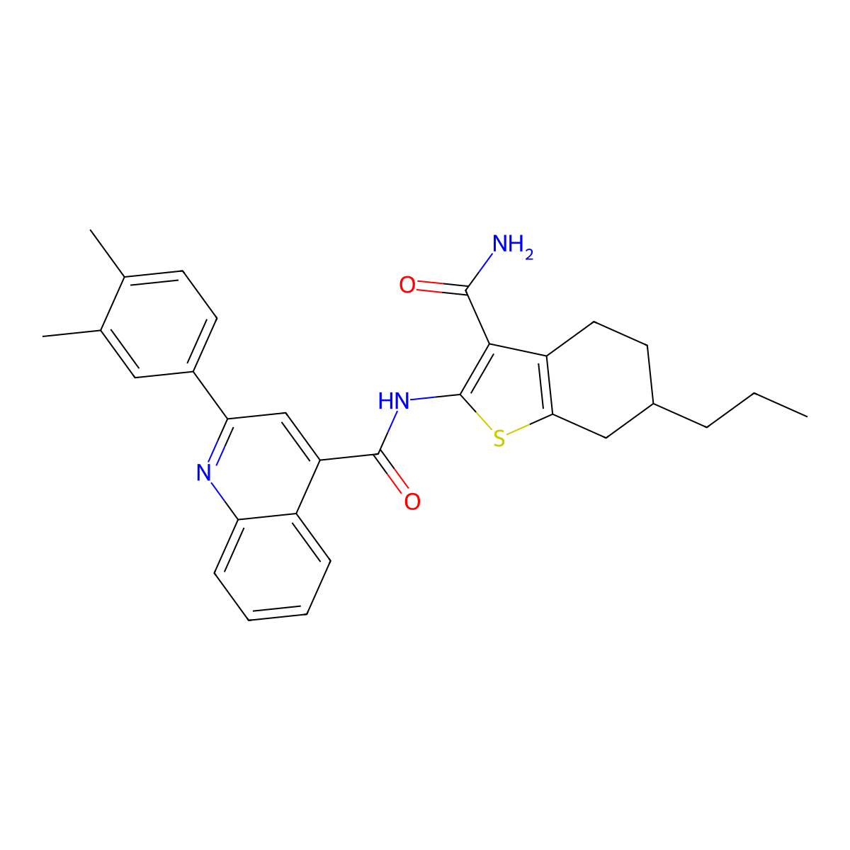 N-(3-carbamoyl-6-propyl-4,5,6,7-tetrahydro-1-benzothiophen-2-yl)-2-(3,4-dimethylphenyl)quinoline-4-carboxamide molecular structure, CAS 353471-22-4
