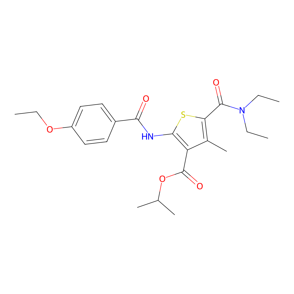 Isopropyl 5-[(diethylamino)carbonyl]-2-[(4-ethoxybenzoyl)amino]-4-methyl-3-thiophenecarboxylate molecular structure, CAS 353471-24-6