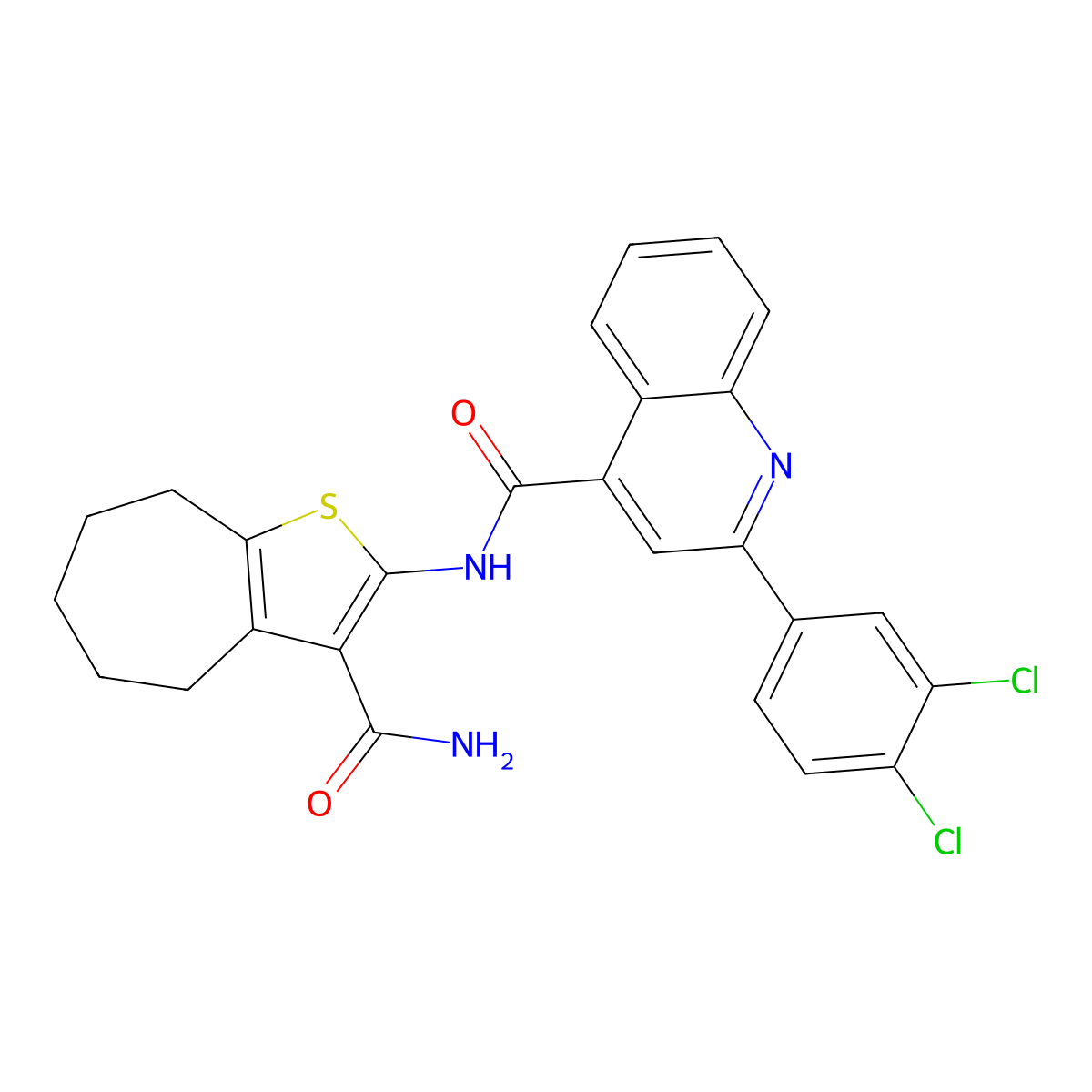 N-(3-carbamoyl-5,6,7,8-tetrahydro-4H-cyclohepta[b]thiophen-2-yl)-2-(3,4-dichlorophenyl)quinoline-4-carboxamide molecular structure, CAS 353471-31-5