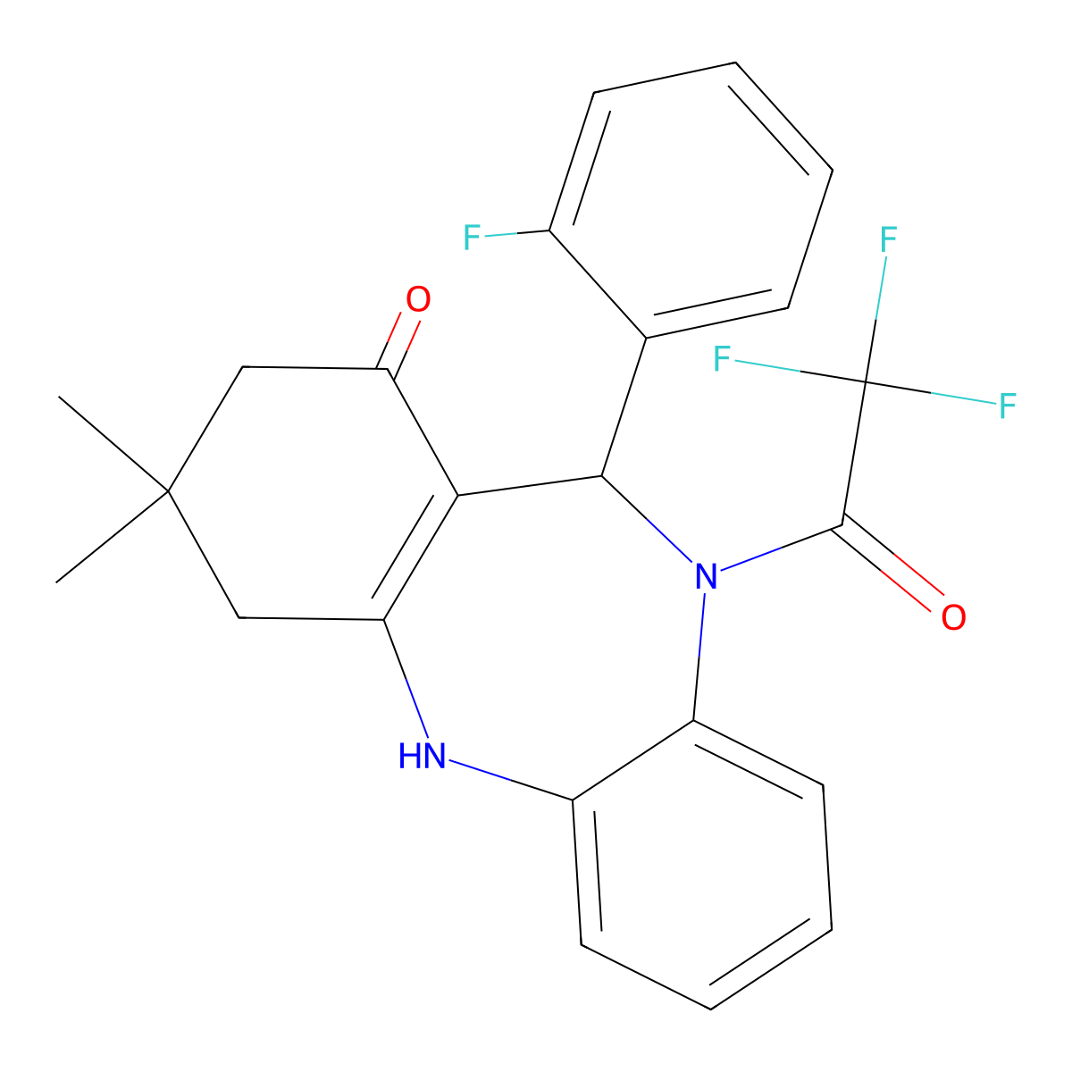 6-(2-Fluorophenyl)-9,9-dimethyl-5-(2,2,2-trifluoroacetyl)-6,8,10,11-tetrahydrobenzo[b][1,4]benzodiazepin-7-one molecular structure, CAS 353471-39-3