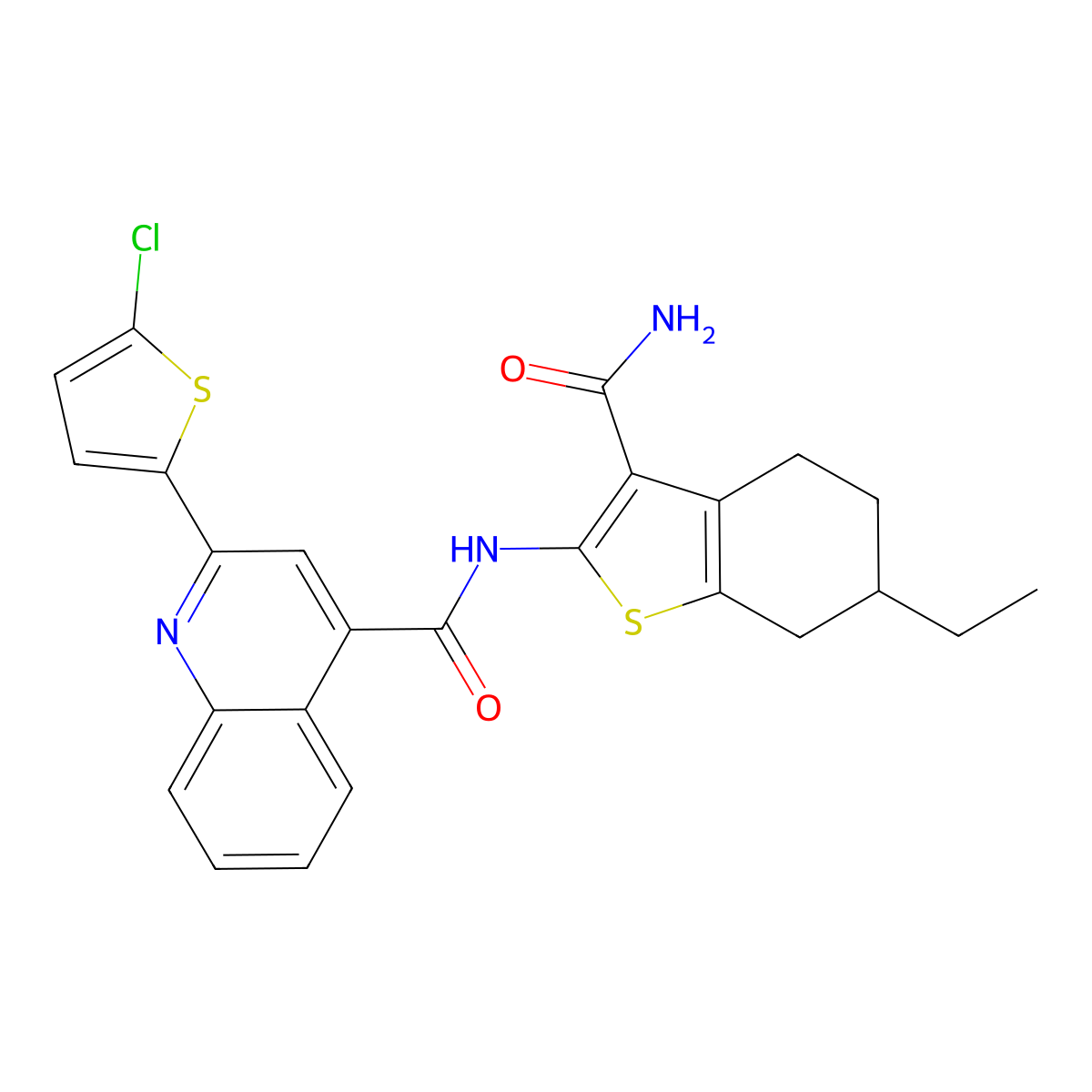 N-(3-carbamoyl-6-ethyl-4,5,6,7-tetrahydro-1-benzothiophen-2-yl)-2-(5-chlorothiophen-2-yl)quinoline-4-carboxamide molecular structure, CAS 353471-67-7