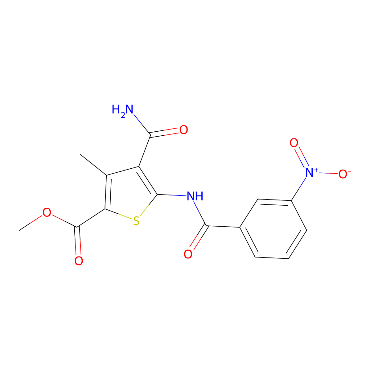 Methyl 4-(aminocarbonyl)-5-({3-nitrobenzoyl}amino)-3-methyl-2-thiophenecarboxylate molecular structure, CAS 353471-91-7