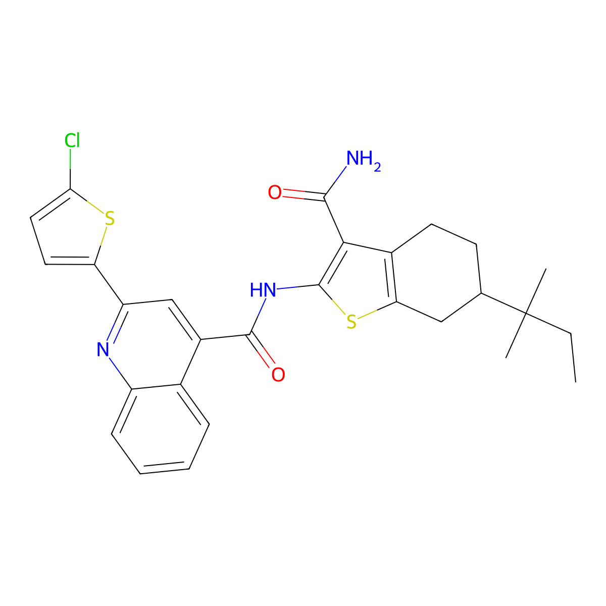 N-[3-carbamoyl-6-(2-methylbutan-2-yl)-4,5,6,7-tetrahydro-1-benzothiophen-2-yl]-2-(5-chlorothiophen-2-yl)quinoline-4-carboxamide molecular structure, CAS 353472-09-0
