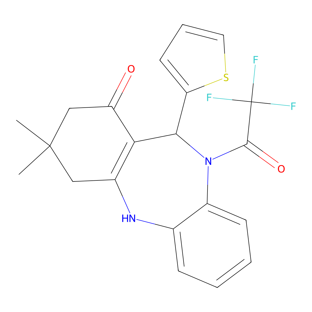9,9-Dimethyl-6-thiophen-2-yl-5-(2,2,2-trifluoroacetyl)-6,8,10,11-tetrahydrobenzo[b][1,4]benzodiazepin-7-one molecular structure, CAS 353472-52-3