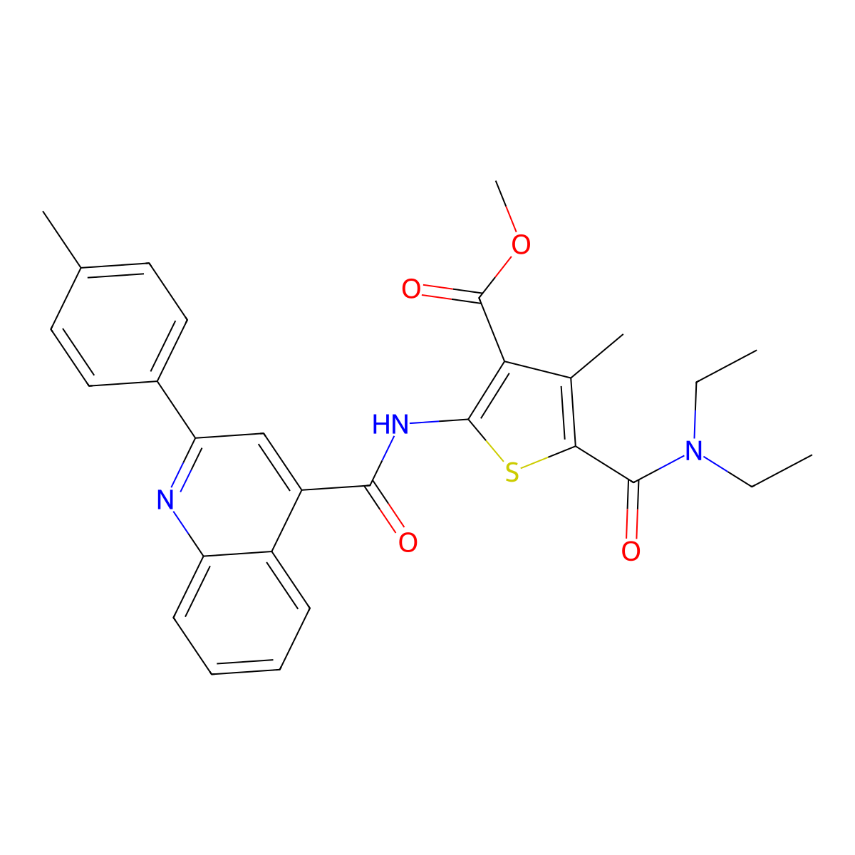 Methyl 5-(diethylcarbamoyl)-4-methyl-2-[[2-(4-methylphenyl)quinoline-4-carbonyl]amino]thiophene-3-carboxylate molecular structure, CAS 353474-79-0