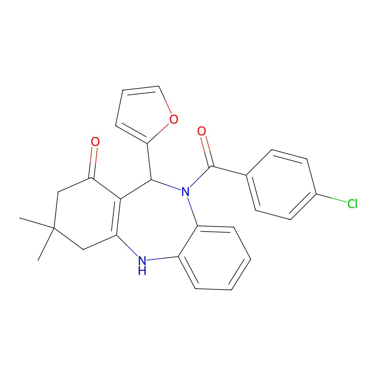 5-(4-Chlorobenzoyl)-6-(furan-2-yl)-9,9-dimethyl-6,8,10,11-tetrahydrobenzo[b][1,4]benzodiazepin-7-one molecular structure, CAS 353474-90-5