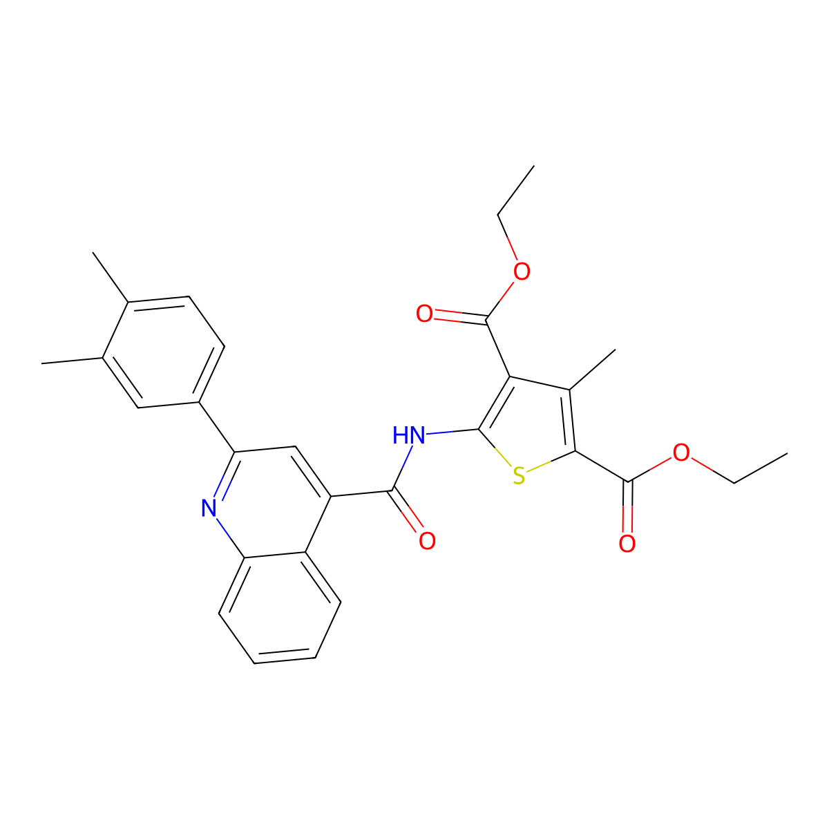 Diethyl 5-[[2-(3,4-dimethylphenyl)quinoline-4-carbonyl]amino]-3-methylthiophene-2,4-dicarboxylate molecular structure, CAS 353475-21-5