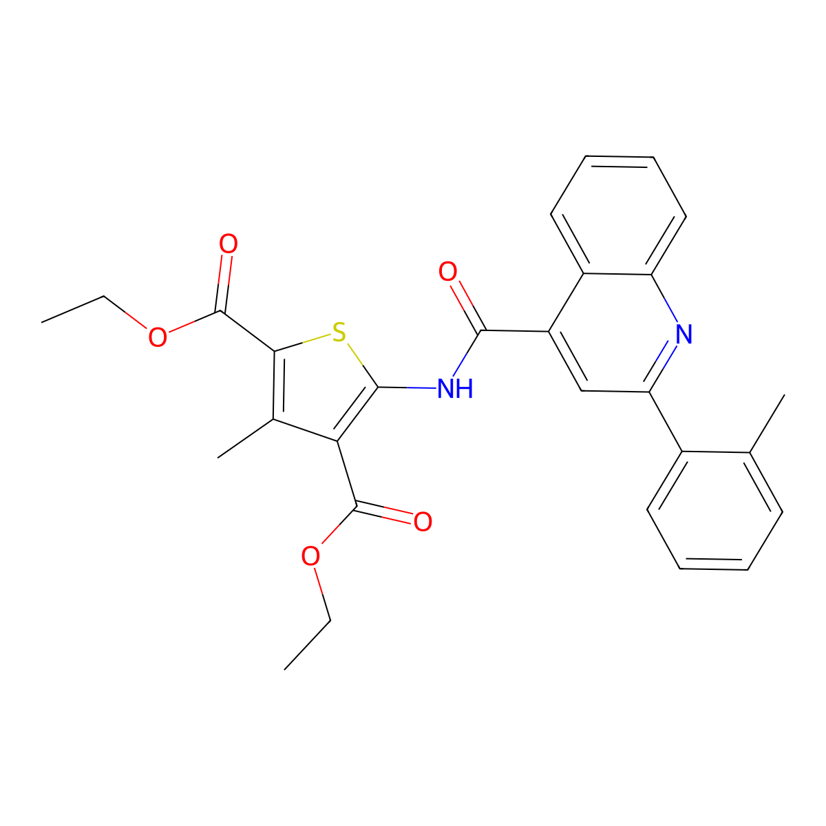 Diethyl 3-methyl-5-[[2-(2-methylphenyl)quinoline-4-carbonyl]amino]thiophene-2,4-dicarboxylate molecular structure, CAS 353475-84-0