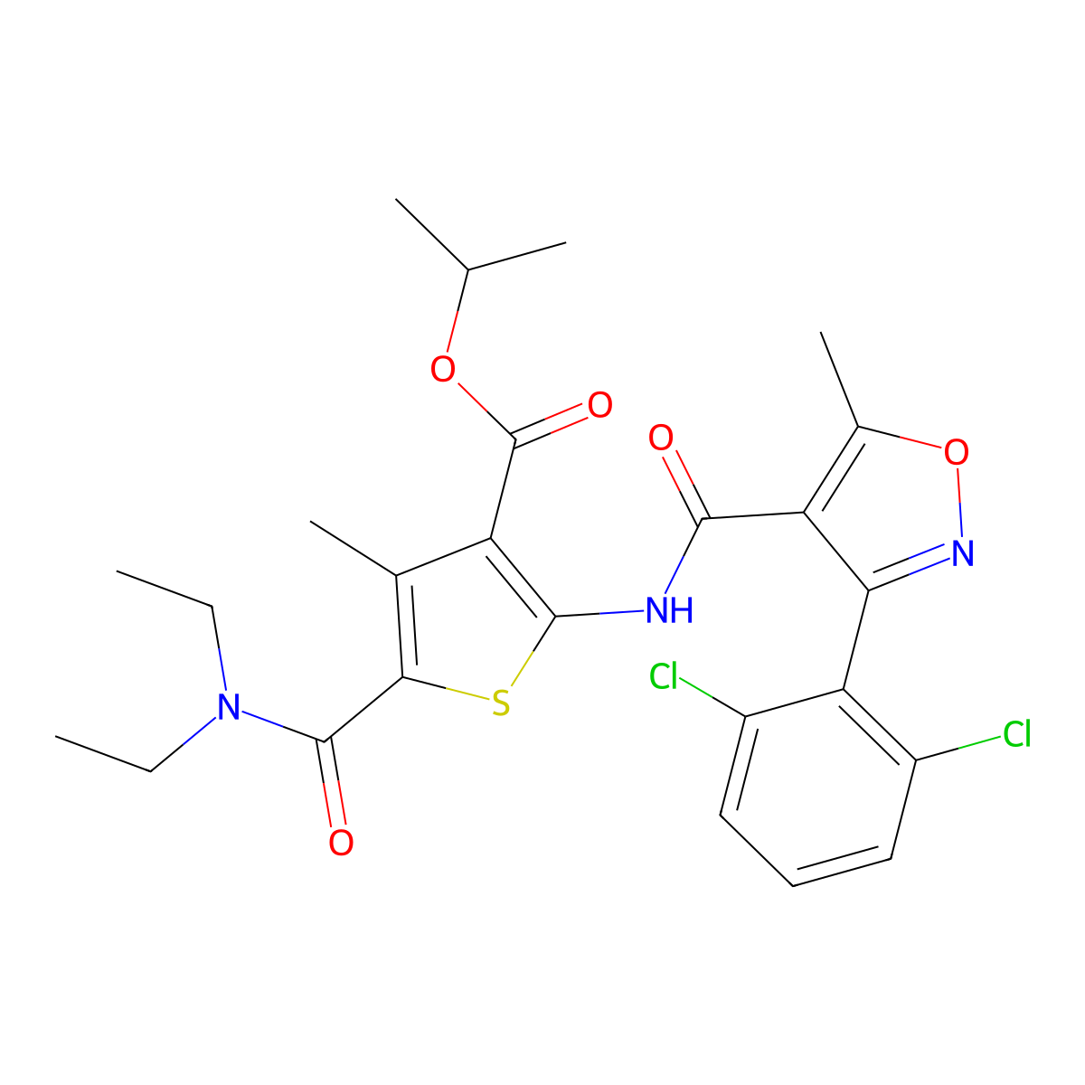 Isopropyl 2-({[3-(2,6-dichlorophenyl)-5-methyl-4-isoxazolyl]carbonyl}amino)-5-[(diethylamino)carbonyl]-4-methyl-3-thiophenecarboxylate molecular structure, CAS 353476-00-3