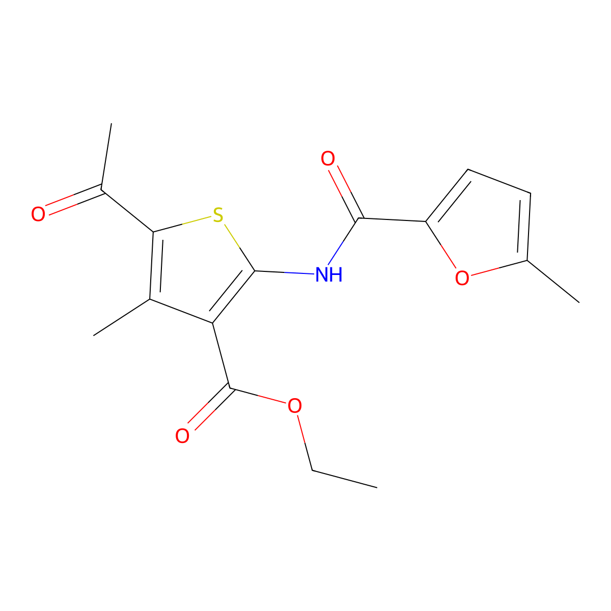 Ethyl 5-acetyl-4-methyl-2-[(5-methyl-2-furoyl)amino]-3-thiophenecarboxylate molecular structure, CAS 353476-40-1