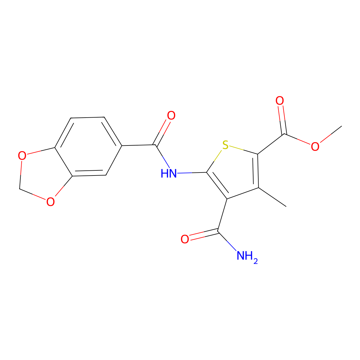 Methyl 5-(1,3-benzodioxole-5-carbonylamino)-4-carbamoyl-3-methylthiophene-2-carboxylate molecular structure, CAS 353476-45-6