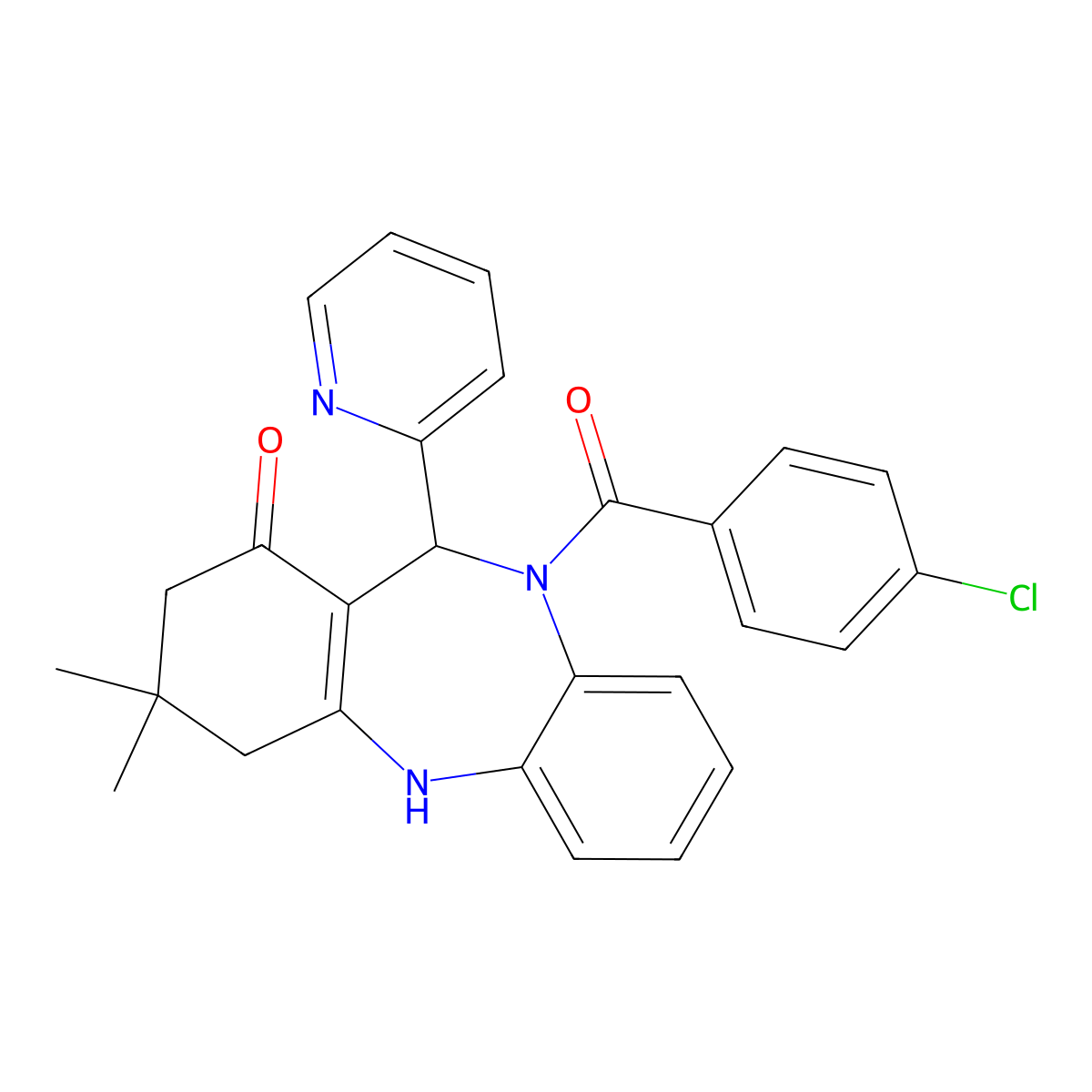 5-(4-Chlorobenzoyl)-9,9-dimethyl-6-pyridin-2-yl-6,8,10,11-tetrahydrobenzo[b][1,4]benzodiazepin-7-one molecular structure, CAS 353477-17-5
