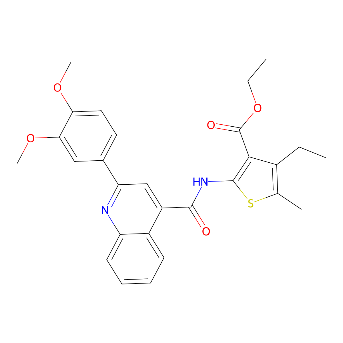 Ethyl 2-[[2-(3,4-dimethoxyphenyl)quinoline-4-carbonyl]amino]-4-ethyl-5-methylthiophene-3-carboxylate molecular structure, CAS 353477-28-8