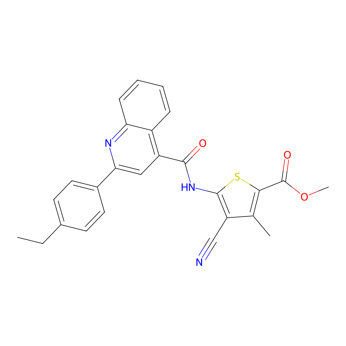Methyl 4-cyano-5-[[2-(4-ethylphenyl)quinoline-4-carbonyl]amino]-3-methylthiophene-2-carboxylate molecular structure, CAS 353477-58-4
