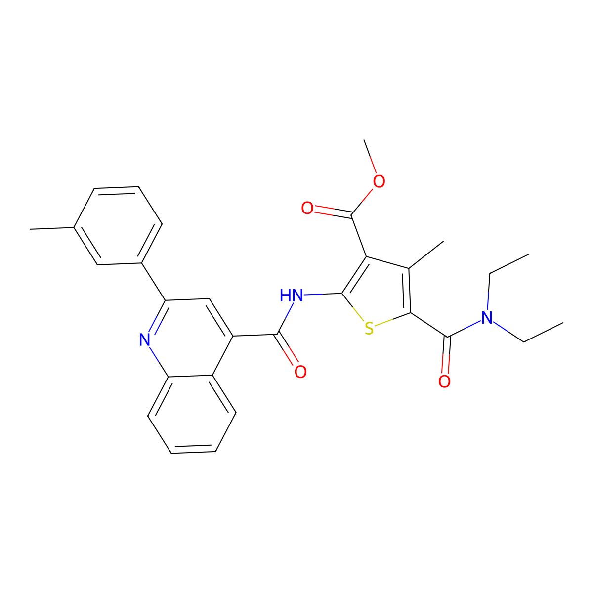 Methyl 5-(diethylcarbamoyl)-4-methyl-2-[[2-(m-tolyl)quinoline-4-carbonyl]amino]thiophene-3-carboxylate molecular structure, CAS 353477-83-5