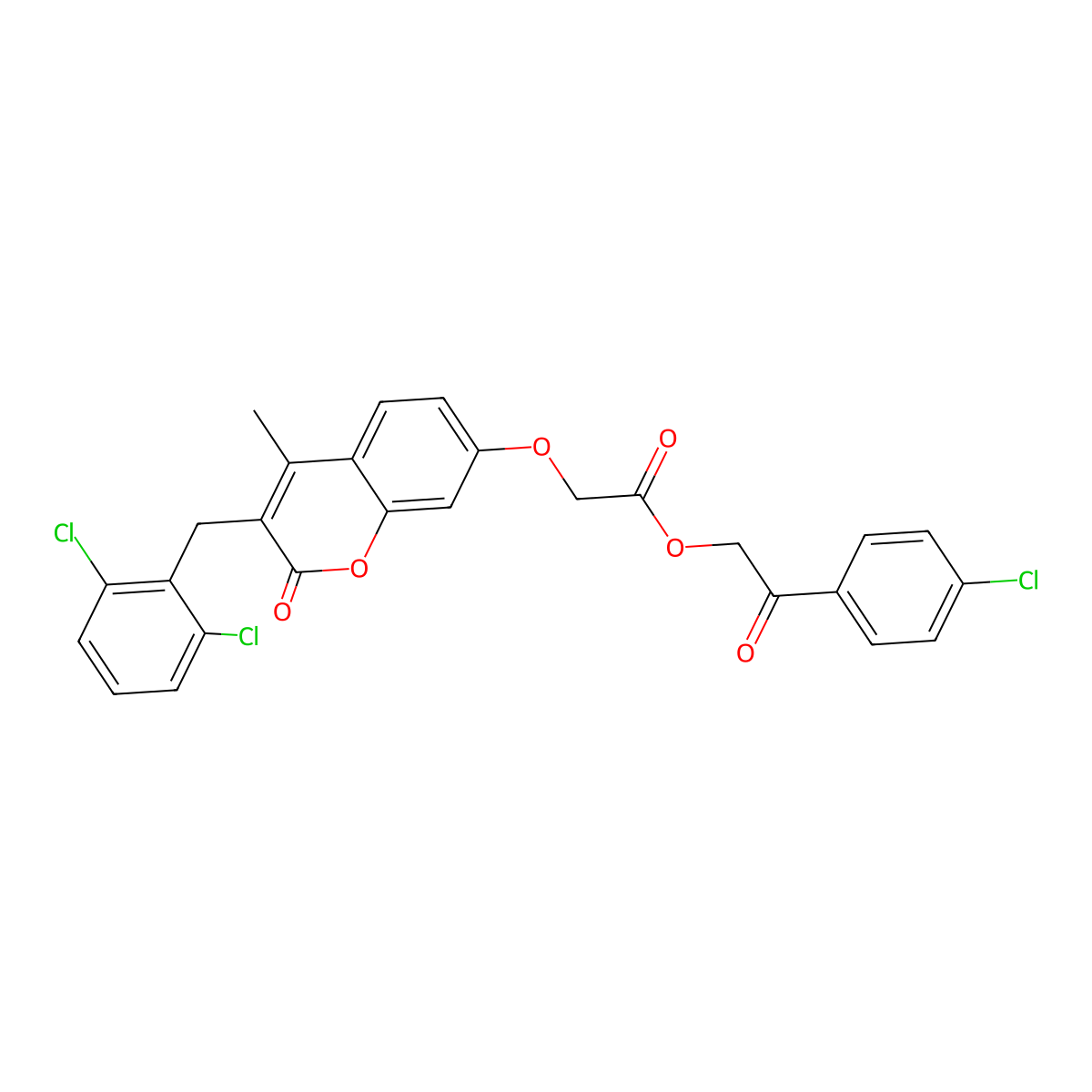 [2-(4-Chlorophenyl)-2-oxoethyl] 2-[3-[(2,6-dichlorophenyl)methyl]-4-methyl-2-oxochromen-7-yl]oxyacetate molecular structure, CAS 353477-88-0