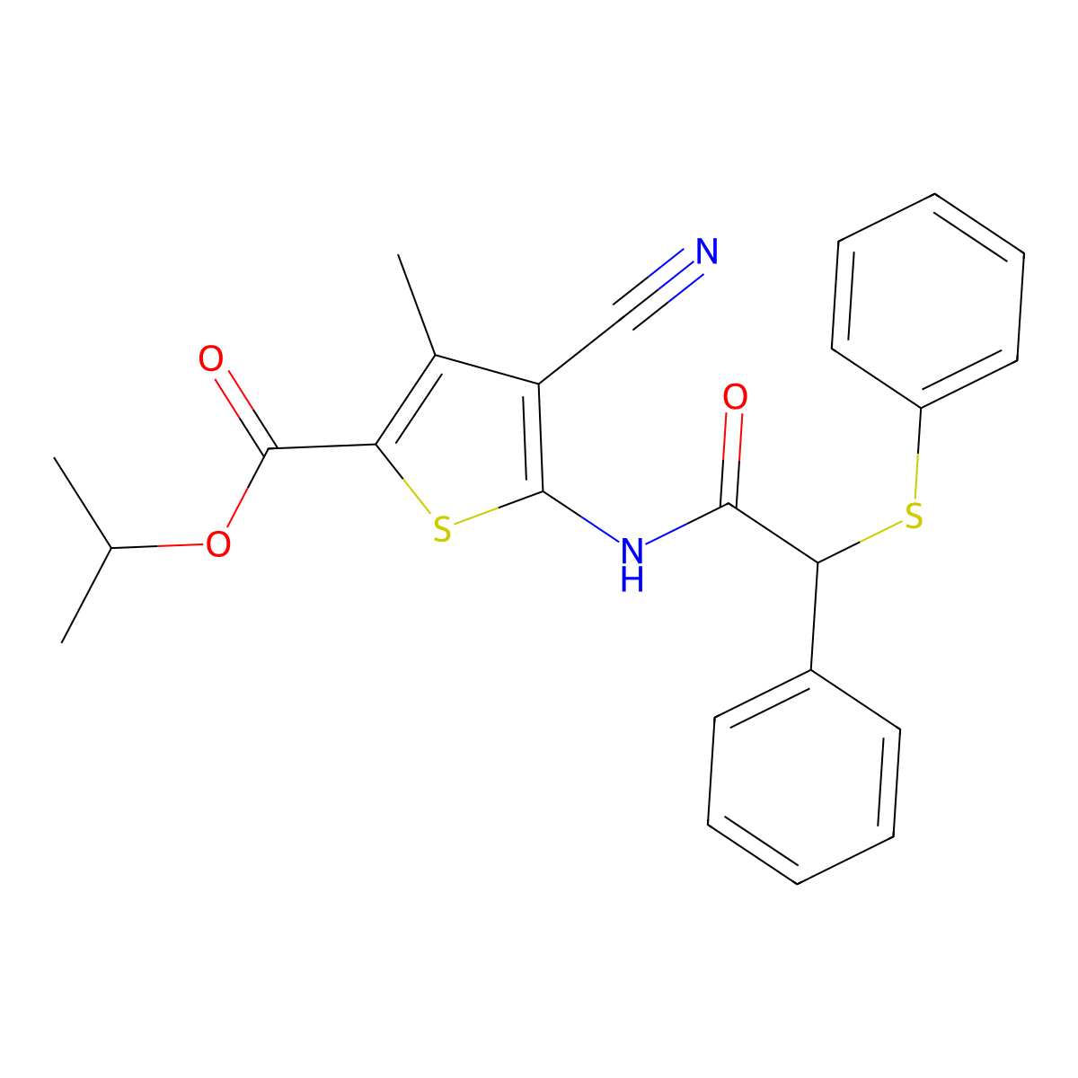 Isopropyl 4-cyano-3-methyl-5-{[phenyl(phenylsulfanyl)acetyl]amino}-2-thiophenecarboxylate molecular structure, CAS 353478-54-3