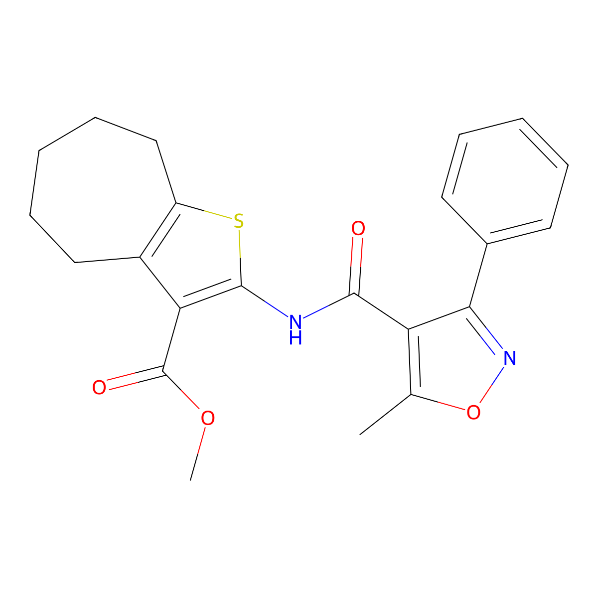 methyl 2-[(5-methyl-3-phenyl-1,2-oxazole-4-carbonyl)amino]-5,6,7,8-tetrahydro-4H-cyclohepta[b]thiophene-3-carboxylate molecular structure, CAS 353478-98-5