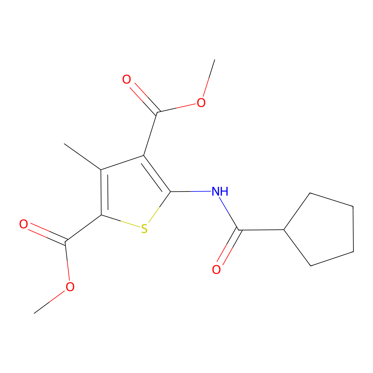 Dimethyl 5-(cyclopentanecarbonylamino)-3-methylthiophene-2,4-dicarboxylate molecular structure, CAS 353479-14-8