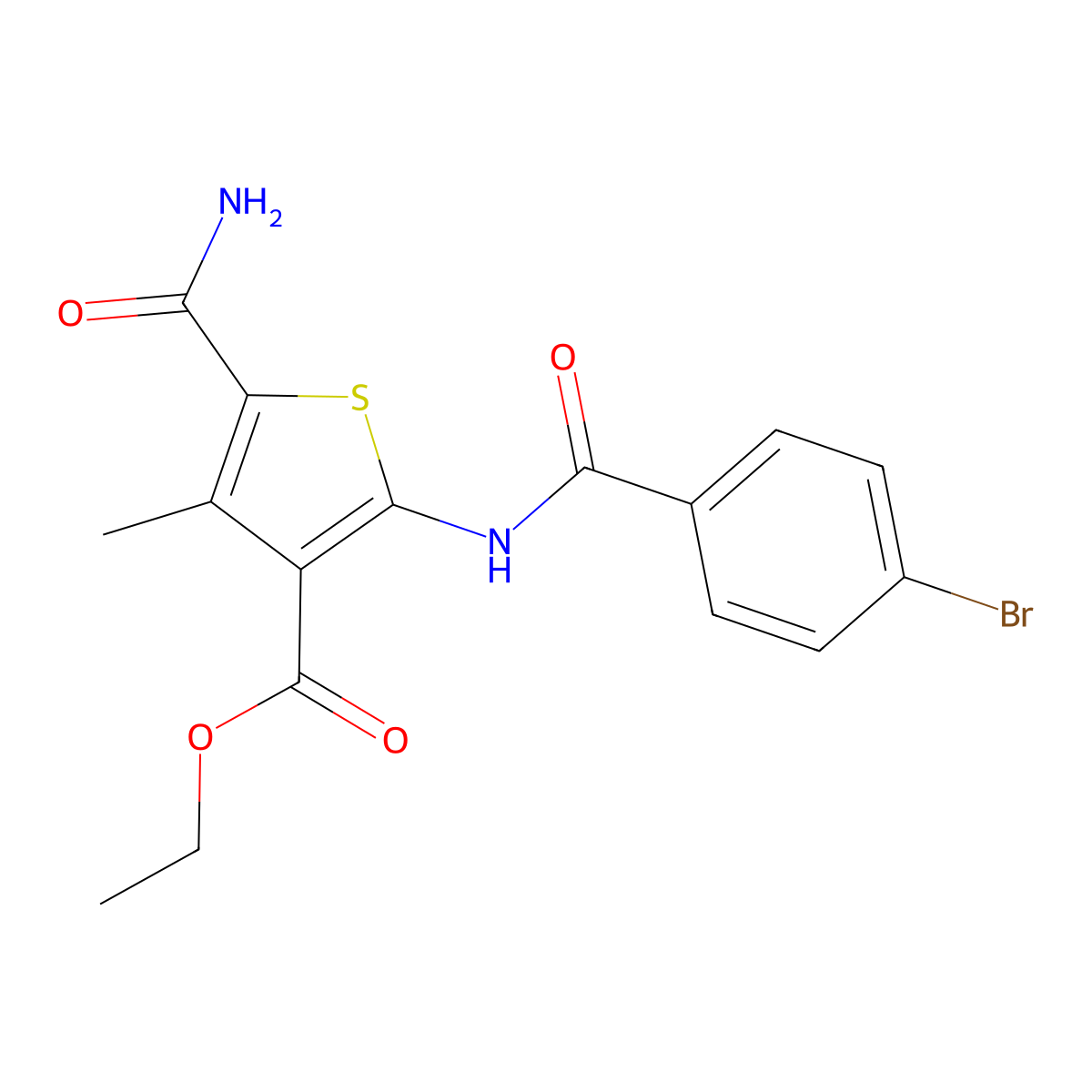 Ethyl 2-[(4-bromobenzoyl)amino]-5-carbamoyl-4-methylthiophene-3-carboxylate molecular structure, CAS 353479-60-4