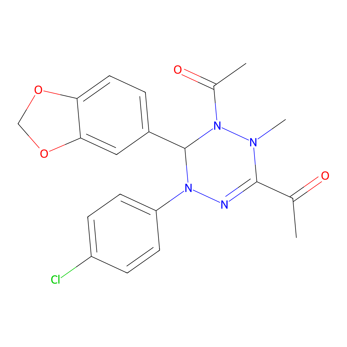 1-[2-acetyl-3-(1,3-benzodioxol-5-yl)-4-(4-chlorophenyl)-1-methyl-3H-1,2,4,5-tetrazin-6-yl]ethanone molecular structure, CAS 353499-81-7