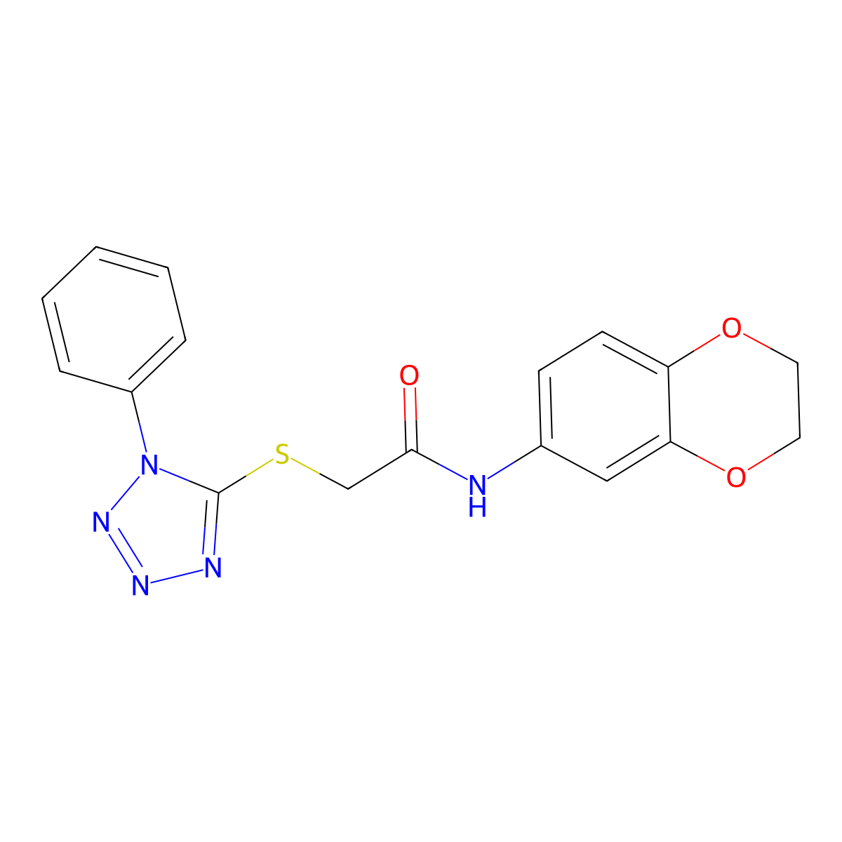N-(2,3-dihydro-1,4-benzodioxin-6-yl)-2-(1-phenyltetrazol-5-yl)sulfanylacetamide molecular structure, CAS 353500-82-0