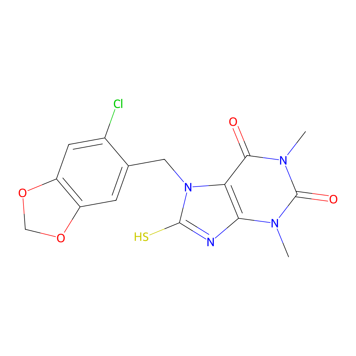 7-[(6-chloro-1,3-benzodioxol-5-yl)methyl]-1,3-dimethyl-8-sulfanyl-3,7-dihydro-1H-purine-2,6-dione molecular structure, CAS 353501-29-8