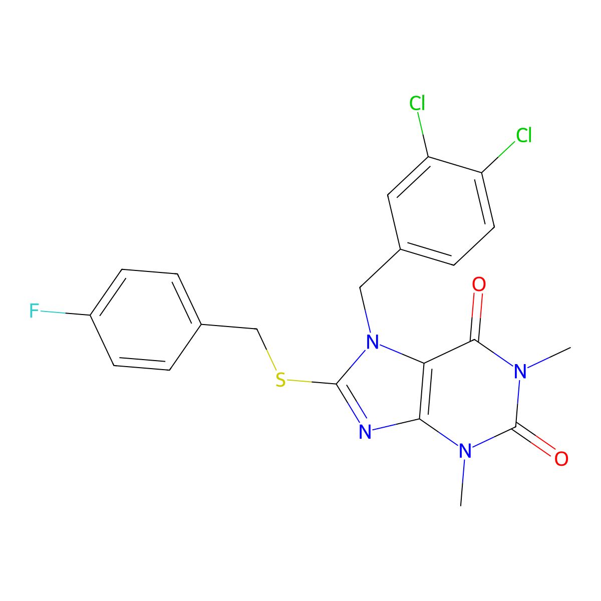 7-[(3,4-Dichlorophenyl)methyl]-8-[(4-fluorophenyl)methylsulfanyl]-1,3-dimethylpurine-2,6-dione molecular structure, CAS 353502-71-3