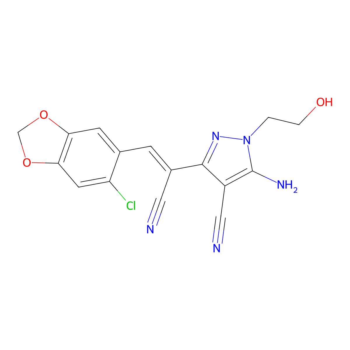 5-Amino-3-[2-(6-chloro-1,3-benzodioxol-5-yl)-1-cyanoethenyl]-1-(2-hydroxyethyl)pyrazole-4-carbonitrile molecular structure, CAS 353514-40-6