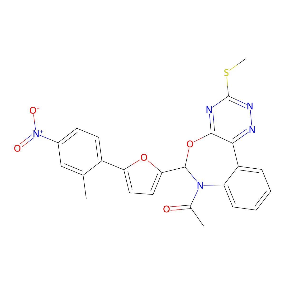 1-[6-[5-(2-methyl-4-nitrophenyl)furan-2-yl]-3-methylsulfanyl-6H-[1,2,4]triazino[5,6-d][3,1]benzoxazepin-7-yl]ethanone molecular structure, CAS 353517-79-0