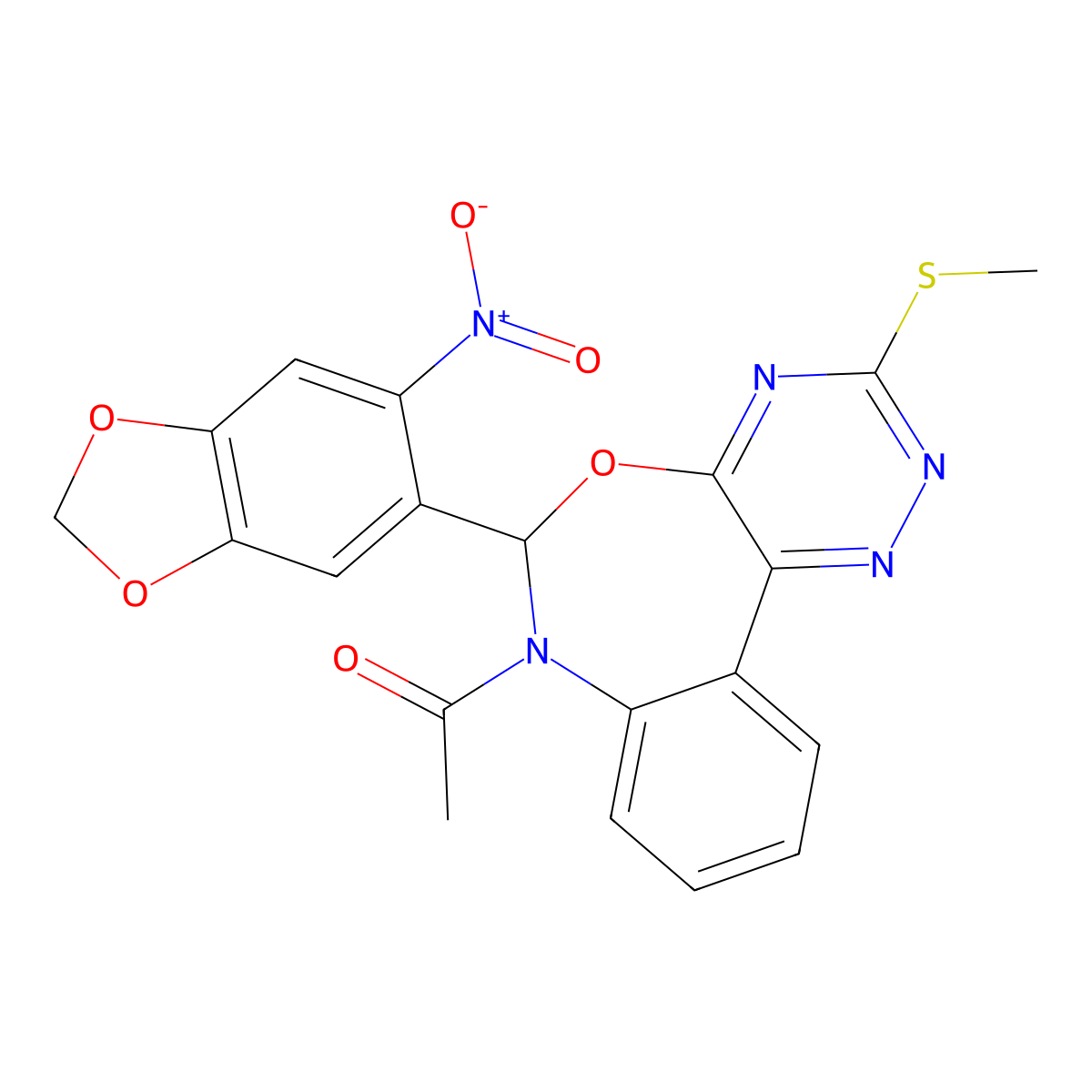 1-[3-methylsulfanyl-6-(6-nitro-1,3-benzodioxol-5-yl)-6H-[1,2,4]triazino[5,6-d][3,1]benzoxazepin-7-yl]ethanone molecular structure, CAS 353518-03-3