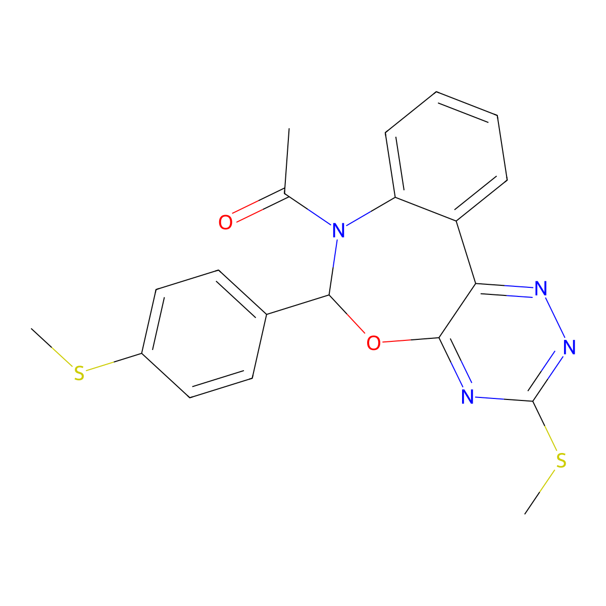 1-[3-methylsulfanyl-6-(4-methylsulfanylphenyl)-6H-[1,2,4]triazino[5,6-d][3,1]benzoxazepin-7-yl]ethanone molecular structure, CAS 353518-06-6