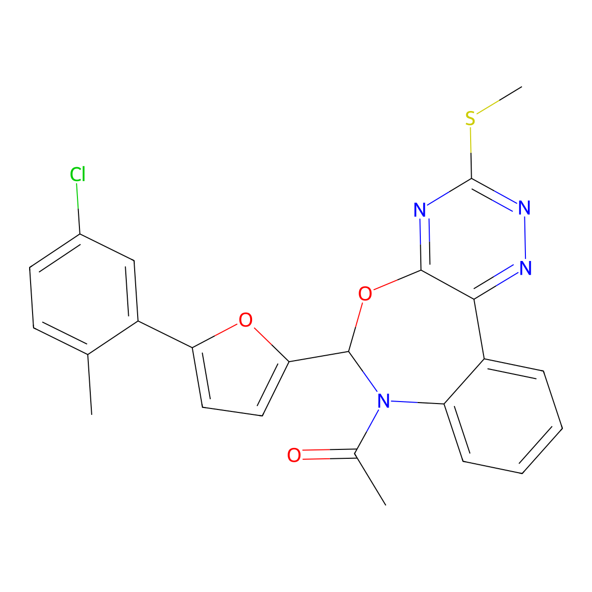 1-[6-[5-(5-chloro-2-methylphenyl)furan-2-yl]-3-methylsulfanyl-6H-[1,2,4]triazino[5,6-d][3,1]benzoxazepin-7-yl]ethanone molecular structure, CAS 353518-12-4